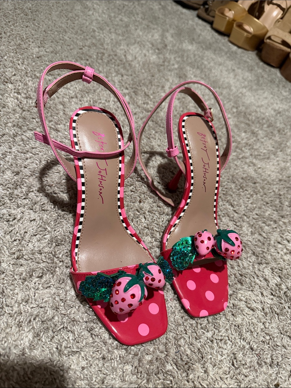 Betsey Johnson Pink Polka Dot Strawberry Embellished Heels